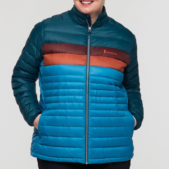 NWT: Cotopaxi Women's Fuego Hooded Down Jacket Green Blue Abyss Stripes - Med - Picture 1 of 7
